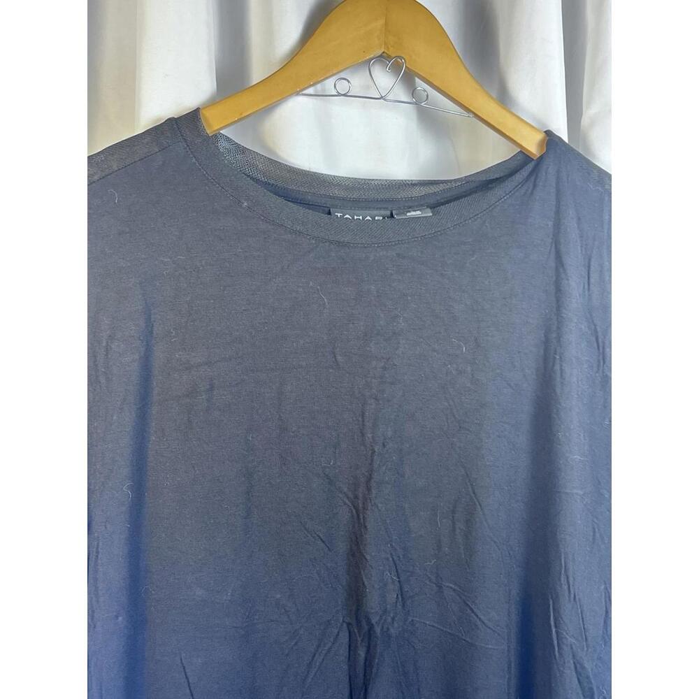 Tahari Sheer Stretchy Top Black Short Sleeve Mesh Neckline Rayon Spandex Women L